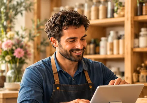 Un commerçant souriant encaisse à son comptoir