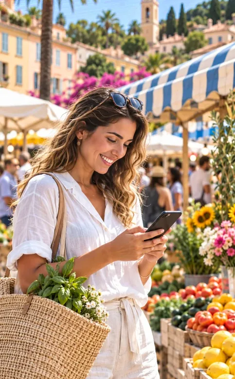 Une cliente fait son marché, téléphone en main, entre les étals